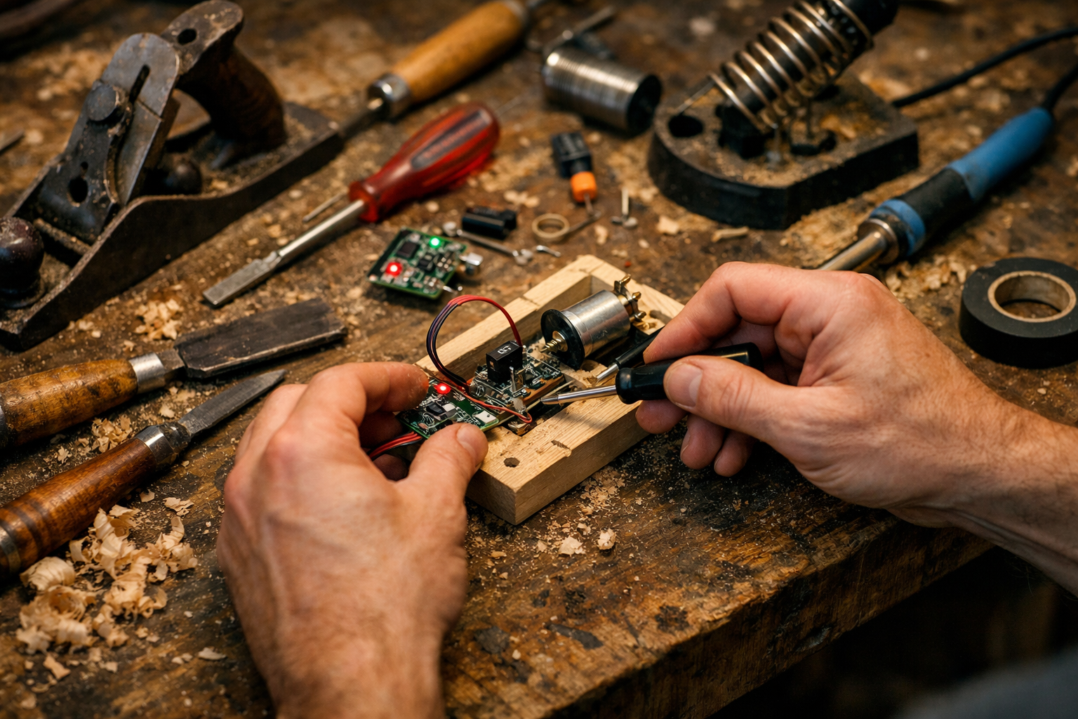 A workbench covered in tools and materials, hands actively building something